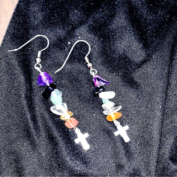 SO_Pretty Chakras Natural Crystal Earrings+Cross Charm Dangle Earrings - Picture 5 of 15